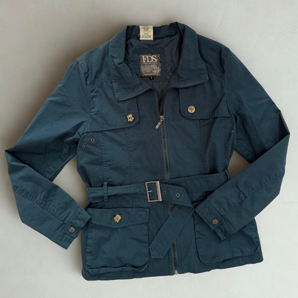 FDS Fuera de Serie Belted Utility Jacket Women Small Teal Blue Zip Lightweight